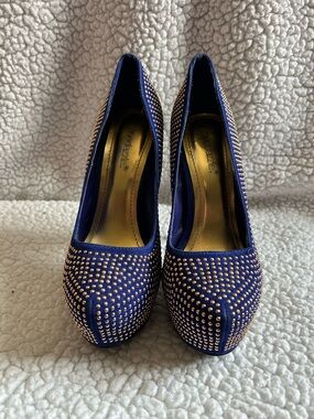 Shoe Dazzle Royal Blue Gold-Studded Platform Pumps